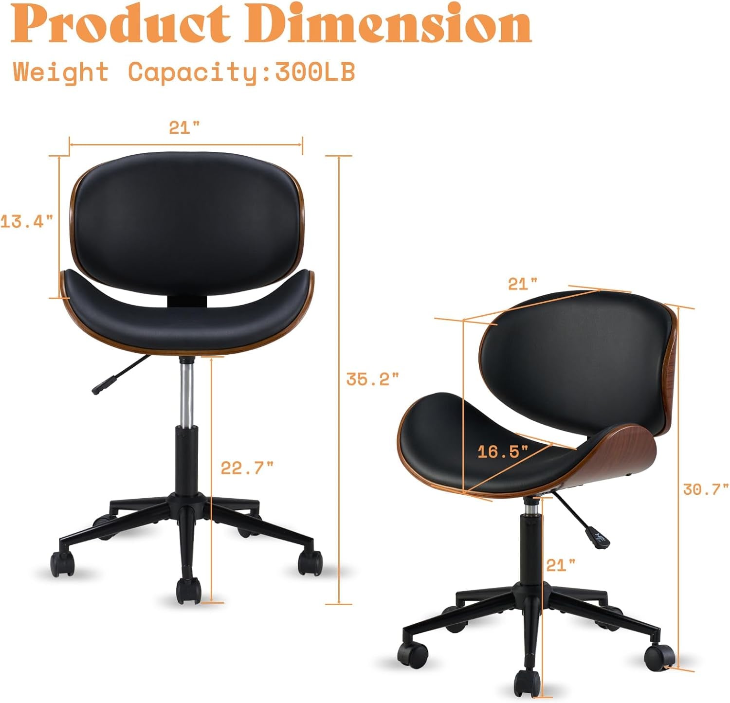 Home Office Chair Set of 2, PU Leather Desk Chair, Modern Swivel Chair with Curved Back, Armless Desk Chair with Wheels for Home Office, Black-2