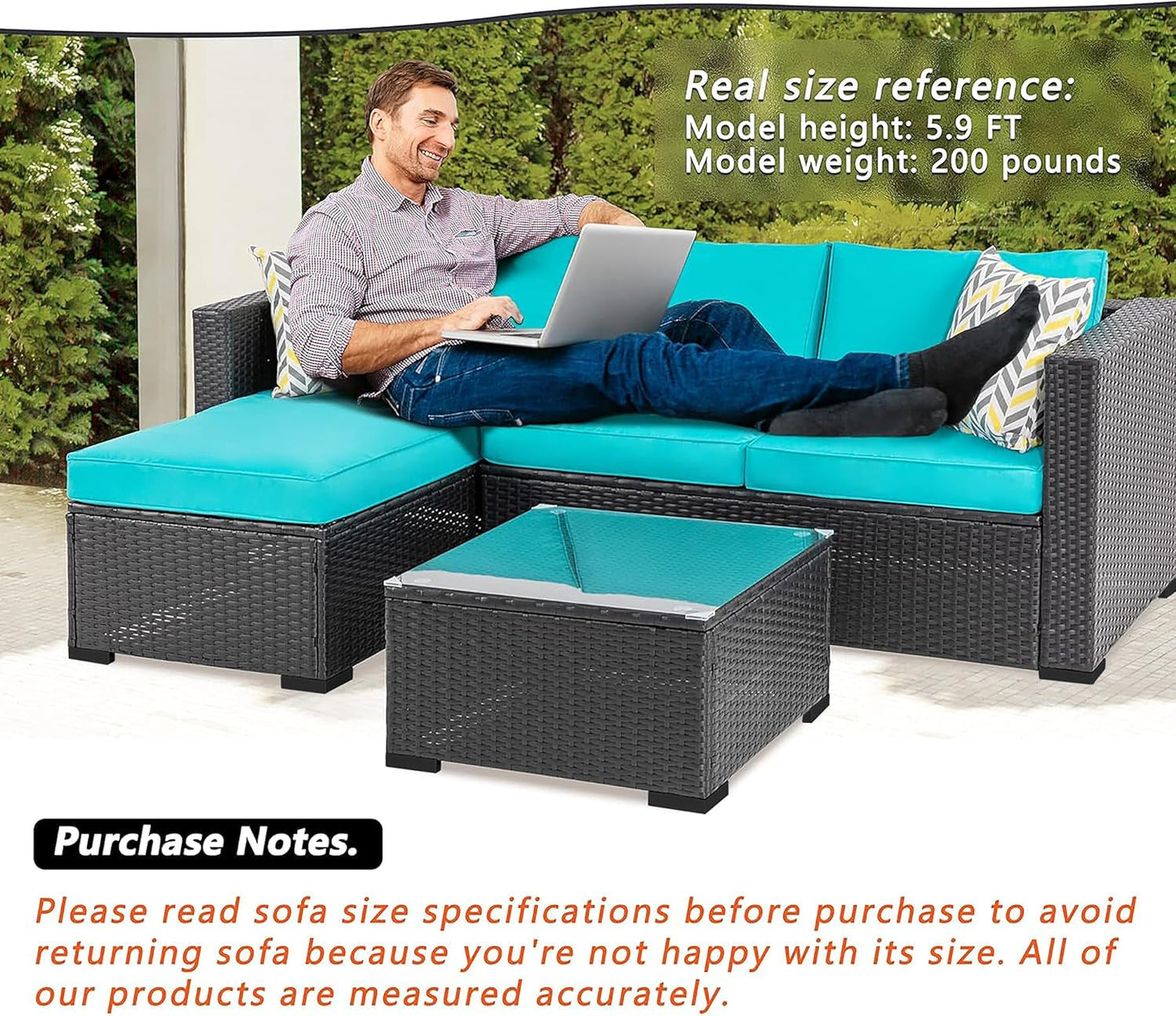 Outdoor Wicker Patio Sofa Set, Black All-Weather Rattan Small Sectional Patio Set and Chaise Lounge W/ Glass Coffee Table and Washable Couch Cushions Patio Conversation Set (3 Piece,Blue)-4