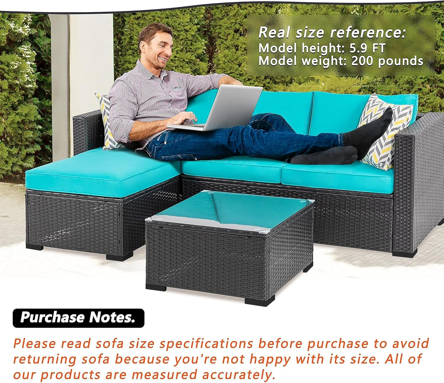 Outdoor Wicker Patio Sofa Set, Black All-Weather Rattan Small Sectional Patio Set and Chaise Lounge W/ Glass Coffee Table and Washable Couch Cushions Patio Conversation Set (3 Piece,Blue)-4
