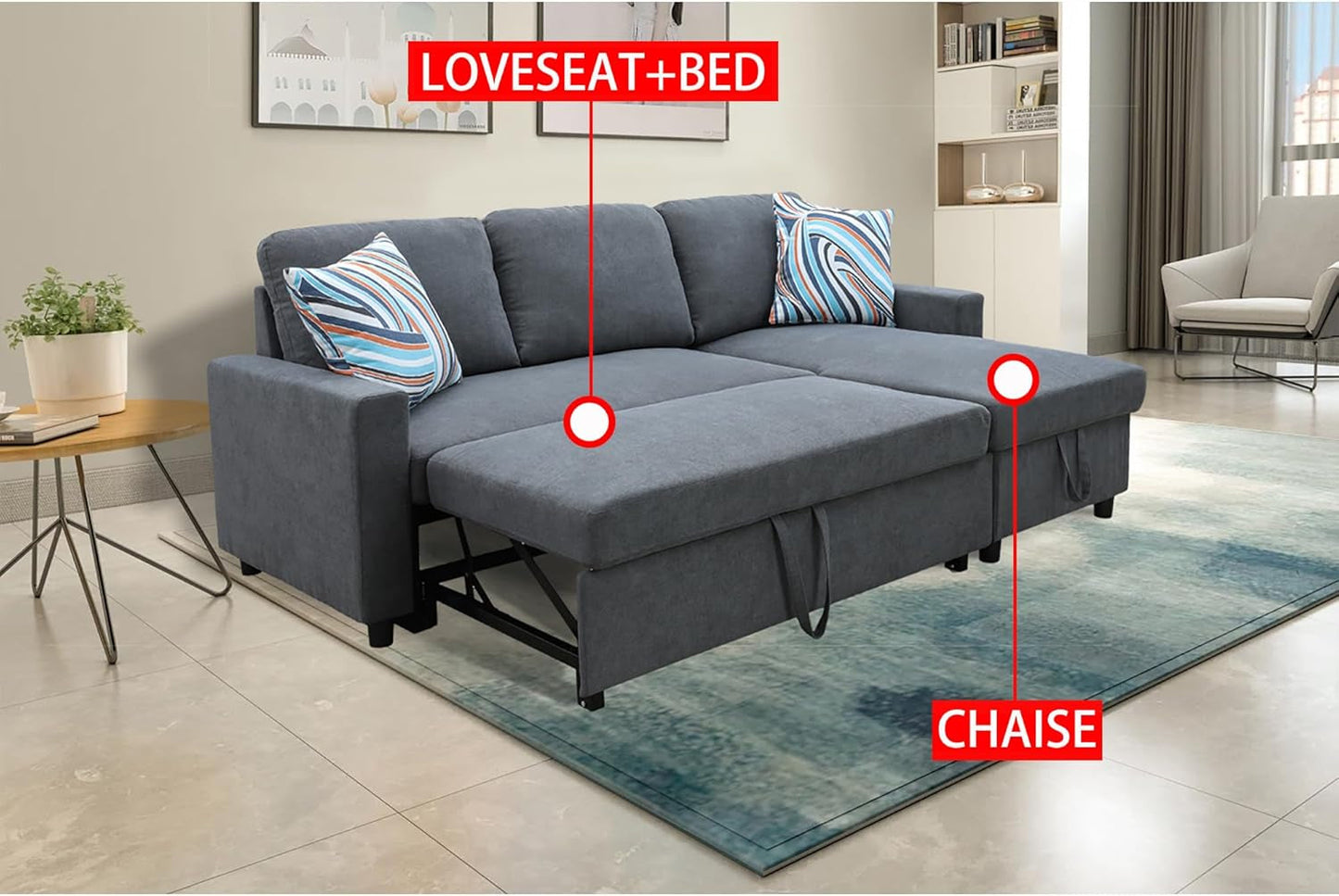 L-Shaped Combo Sofa Bed, Sleeper Chair Bed 3 in 1 Convertible Sofa Bed with Chaise, Reversible Sofa Bed for Living Room, Office, Apartment, Dark Grey-2
