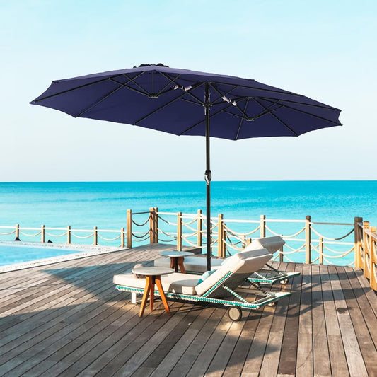 15ft Double Sided Patio Umbrella with Base Blue-0