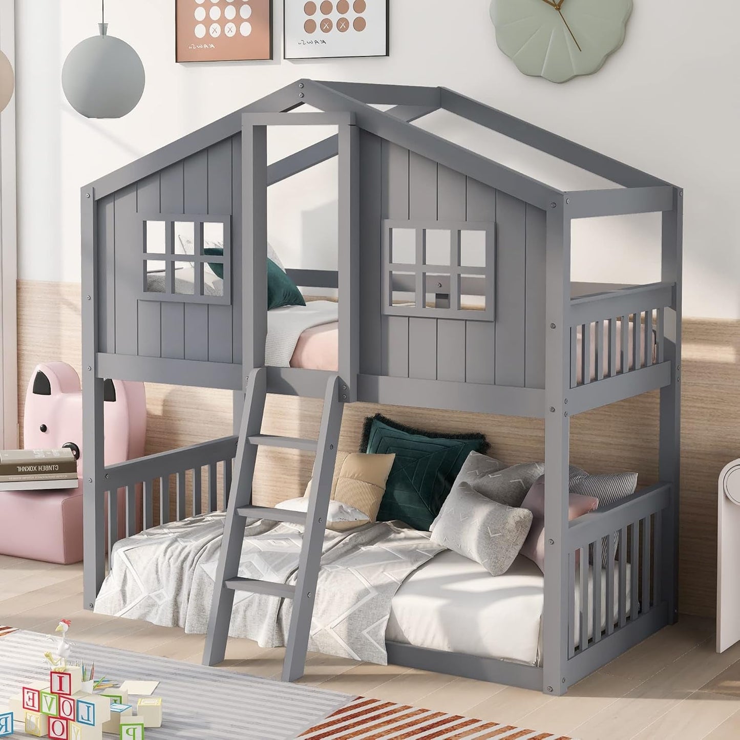 House Bunk Beds, Twin over Twin Bunk Bed with Roof, Ladder and Windows, Floor Bunk Bed, Low Bunk Loft Bed for Kids Teens Boys & Girls, Gray-2