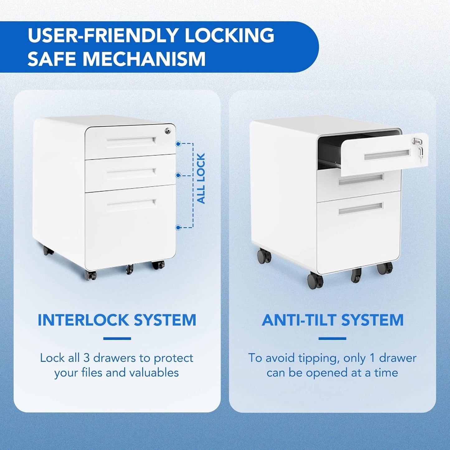 Mobile File Cabinet for Home Office 3 Drawer File Cabinet under Desk Storage Filing Cabinet for Legal/Letter/A4 File,Round Corner Design,White-2