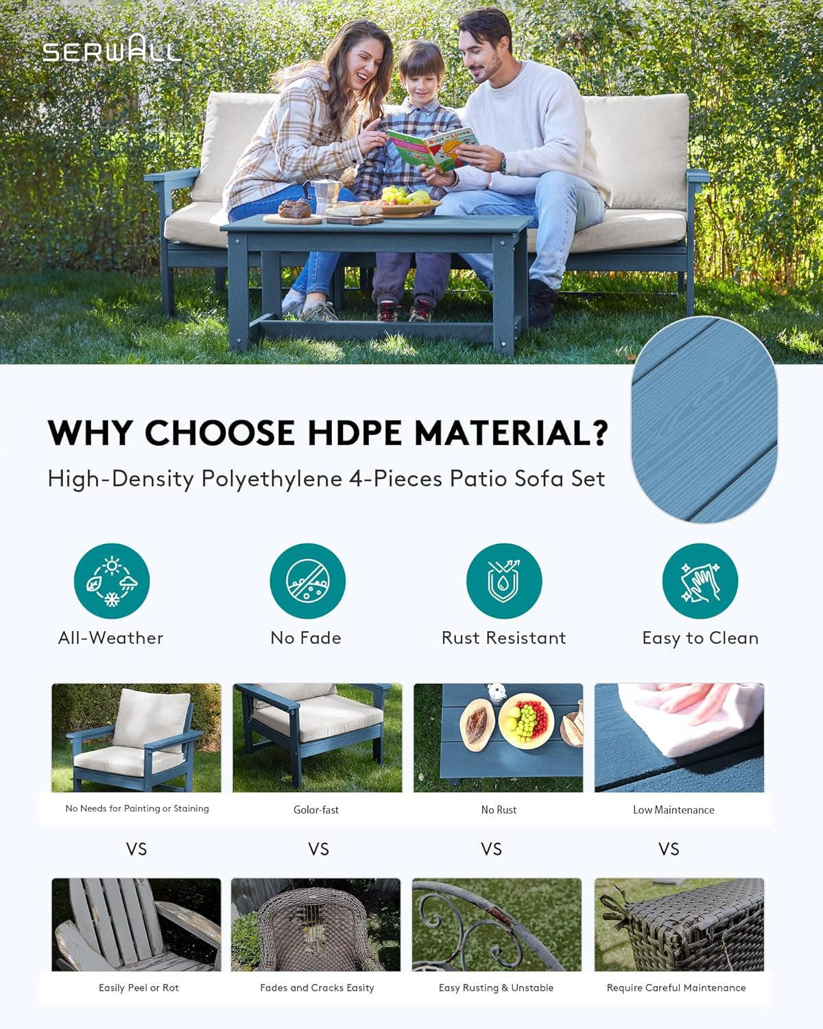HDPE Patio Sofa Set, 4-Piece Sectional Outdoor Patio Furniture Set, All Weather Patio Couch Set Patio Furniture Set for Deck, Lawn, Blue Frame with Khaki Cushion-4