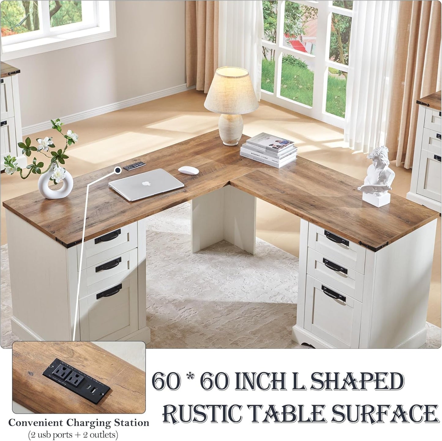 60" Farmhouse L Shaped Executive Desk with Drawers, Wood Home Office Corner Desk with Charging Station, File Drawer, Storage Cabinet, Rustic Computer Writing Desk (Antique White)-2