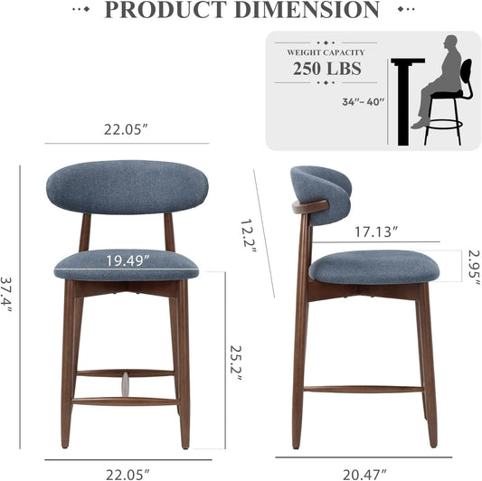 Wood Bar Stools Set of 3, Counter Height Bar Stools, Mid Century Modern Bar Stools with Back, 25 Inch Upholstered Wooden Barstools for Kitchen Island Dining Room Bar, Blue-1