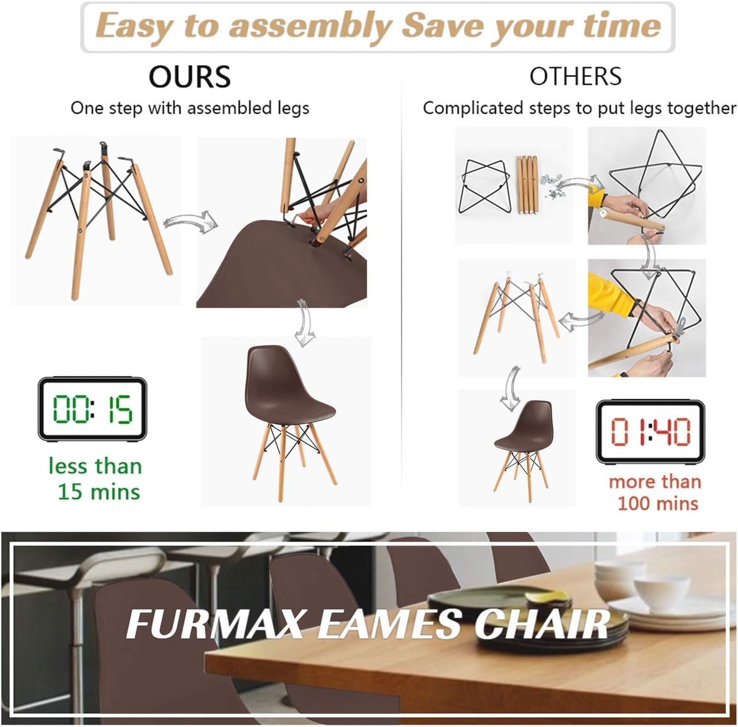 Pre Assembled Modern Style Dining Chair Mid Century Modern DSW Chair, Shell Lounge Plastic Chair for Kitchen, Dining, Bedroom, Living Room Side Chairs Set of 4(Brown)-3