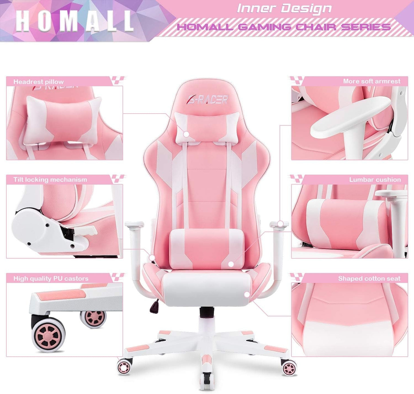 Gaming Chair, Office Chair High Back Computer Chair Leather Desk Chair Racing Executive Ergonomic Adjustable Swivel Task Chair with Headrest and Lumbar Support (Pink)-3