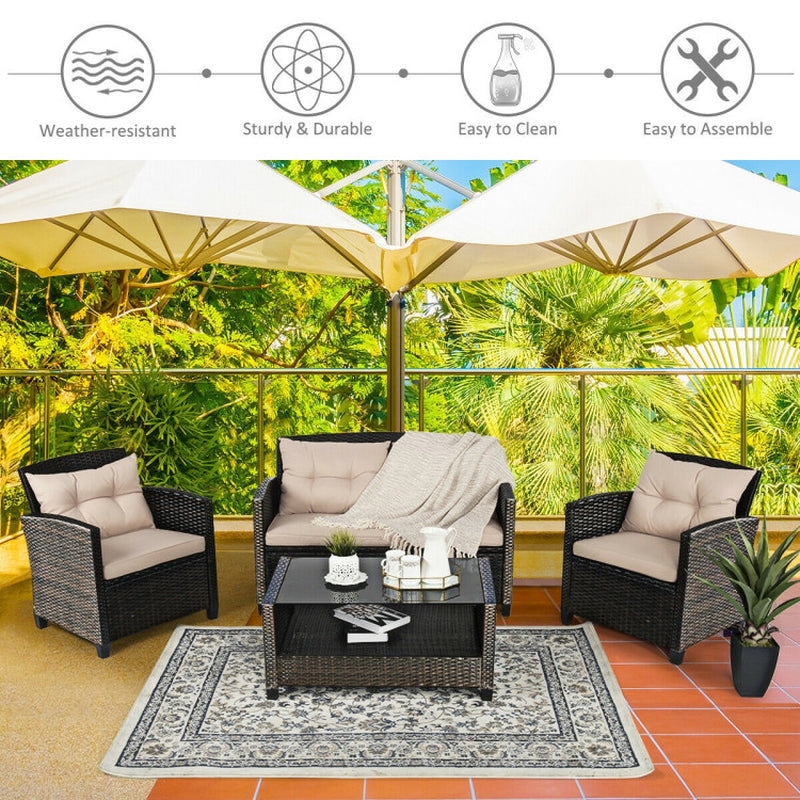 4 Pieces Outdoor Rattan Furniture Set with Glass Table-0