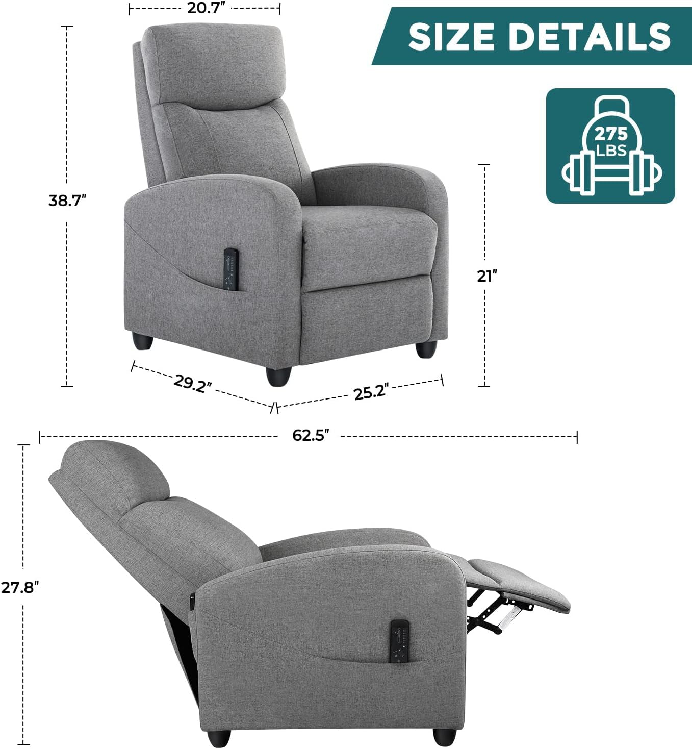 Single Fabric Recliner Massage Chairs/Sofa, Padded Seat Adjustable Backrest Winback Modern Bedroom/Theater Chair for Adults (Grey) Living Room-2