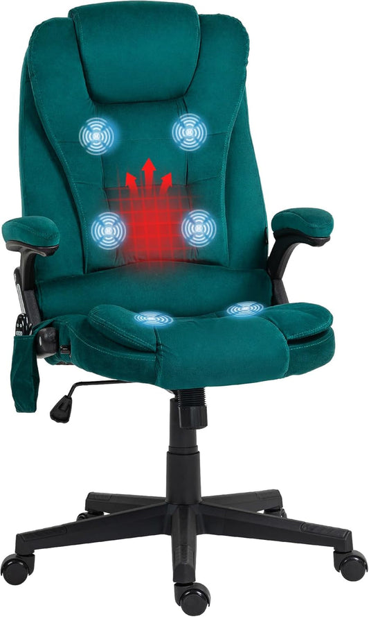 6 Point Vibrating Massage Office Chair with Heat, Velvet High Back Executive Office Chair with Reclining Backrest, Padded Armrests and Remote, Dark Green-0