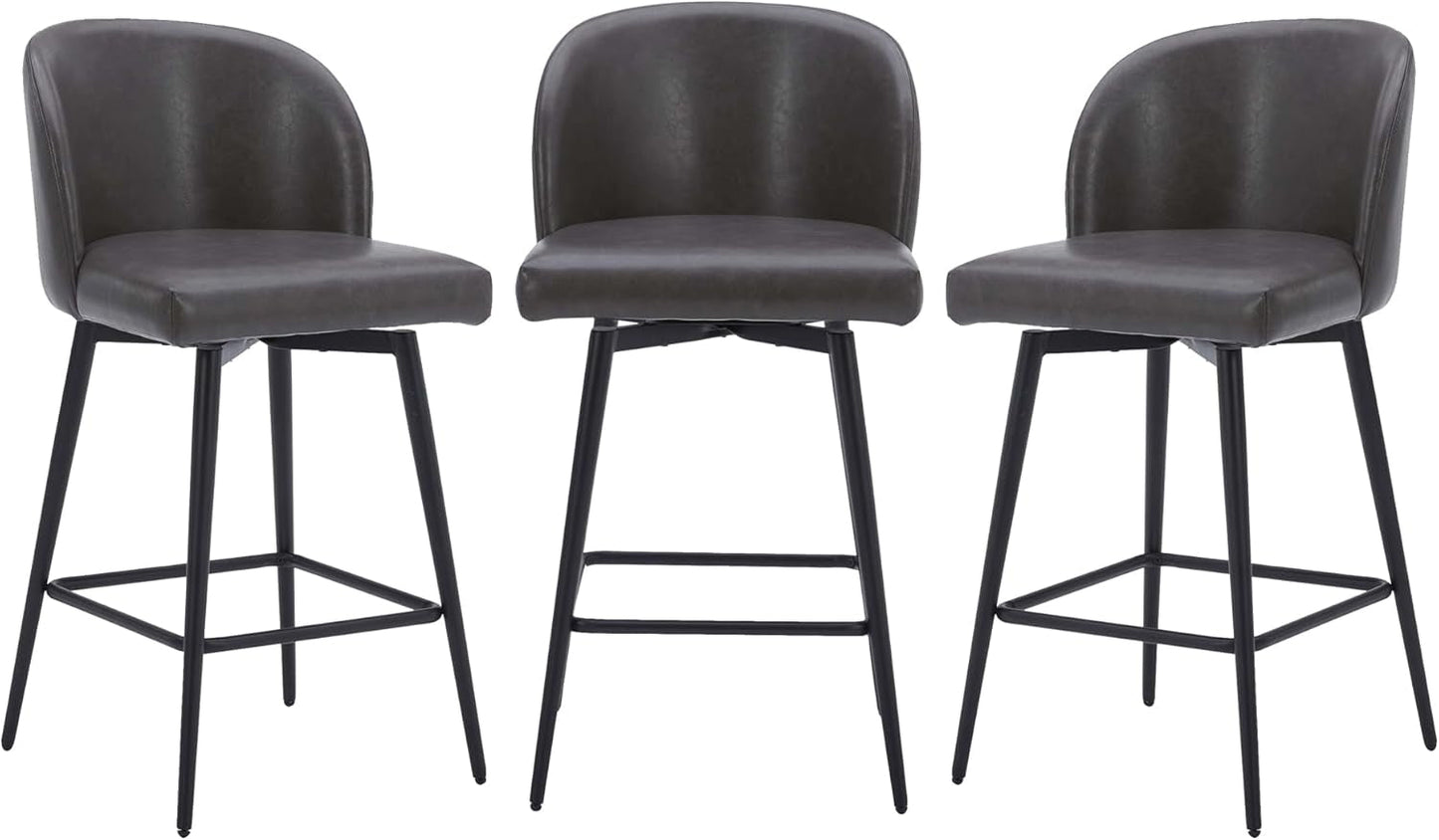 Counter Height Bar Stools Set of 3, 360° Swivel Upholstered Barstools with Backs and Metal Legs, 26" H Seat Height, Faux Leather in Grey-2