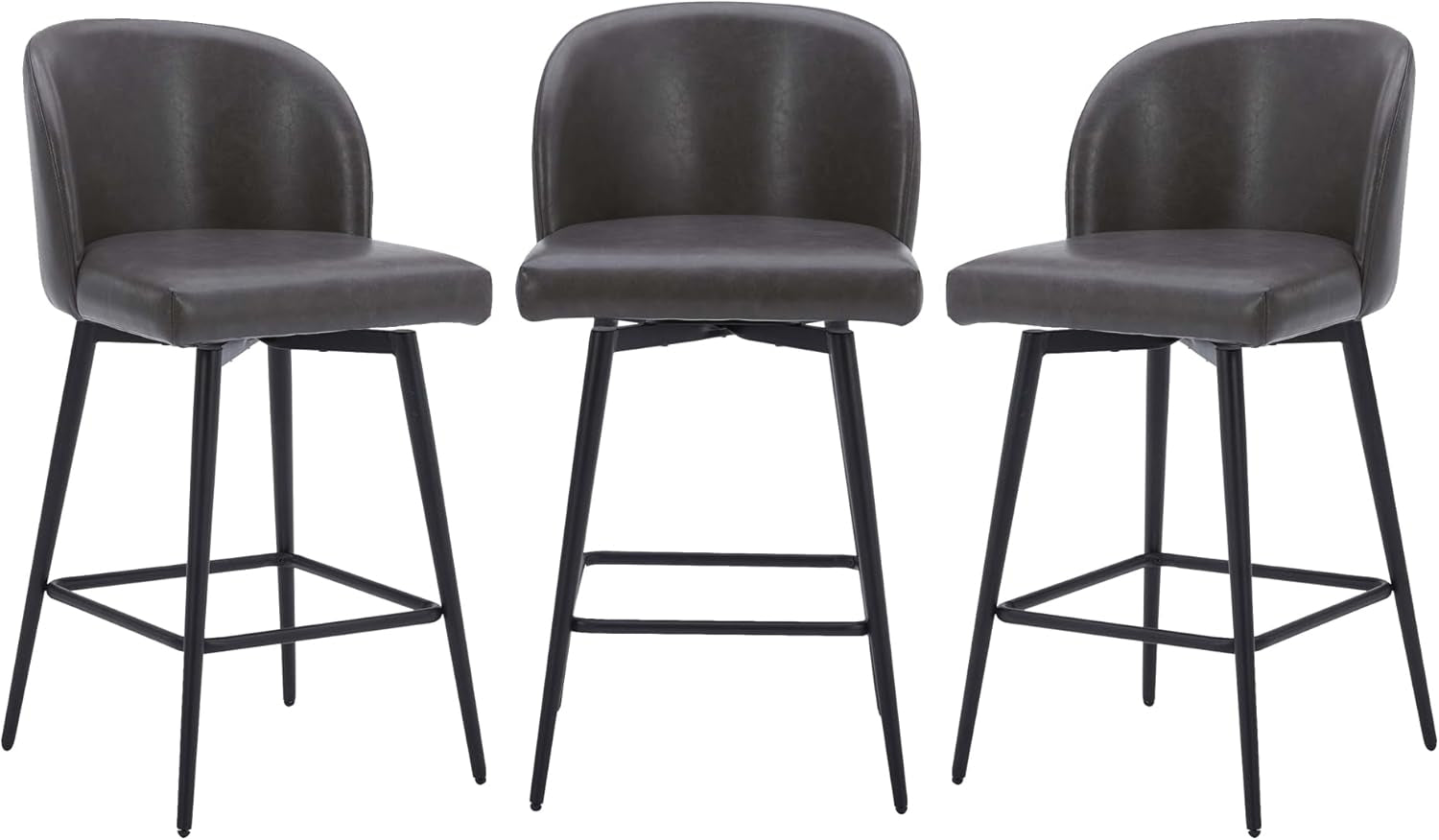 Counter Height Bar Stools Set of 3, 360° Swivel Upholstered Barstools with Backs and Metal Legs, 26" H Seat Height, Faux Leather in Grey-2