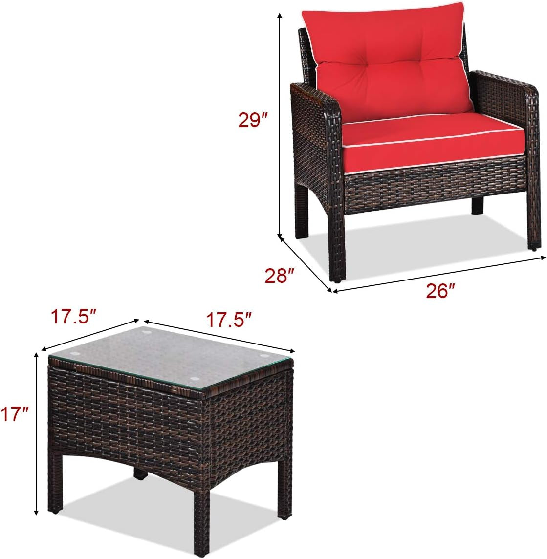 3 Piece Outdoor Patio Furniture Set, Wicker Chairs Set with Glass Top Coffee Table, Thick Cushions, All Weather Garden Lawn Poolside Backyard Porch Furniture Set for 2 (Red)-4