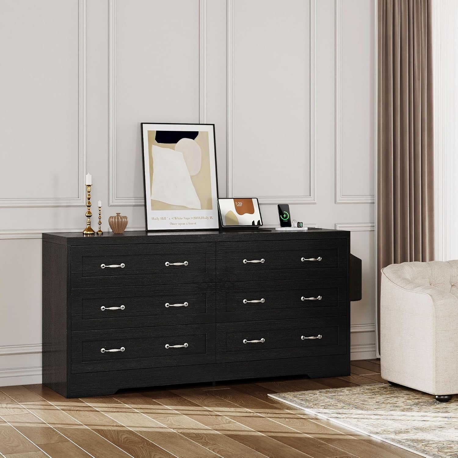 Drawers TV Stand for 65 Inches with Power Outlets -Chest of Drawers Dresser with Side Organizer Bag Entertainment Center TV Console, Black-3
