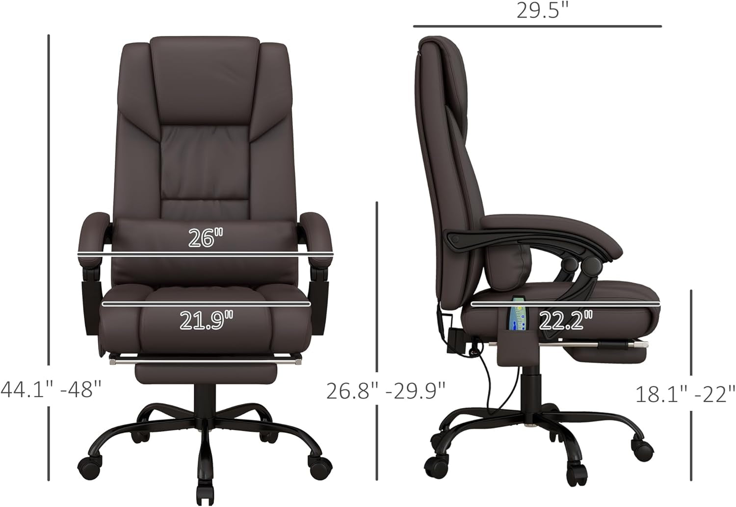 High Back Massage Office Chair with 6 Vibration Points, PU Leather Reclining Computer Chair, Ergonomic Desk Chair with Footrest Adjustable Height and Remote, Brown-2