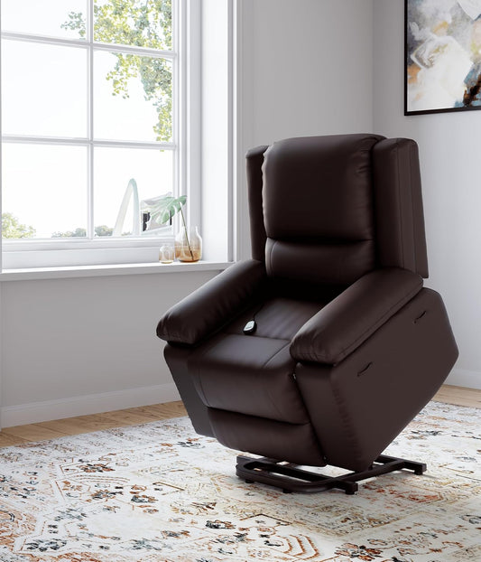 Oversized Faux Leather Power Lift Recliner W/Massage and Heat for Elderly, Recliner Chairs with Pockets for Living Room (Brown, Large)-0