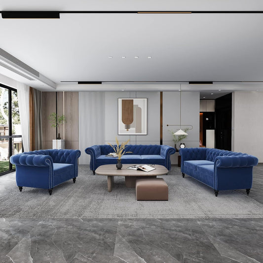 3-Piece Living Room Sectional Sofa Set, Blue Couch Upholstered Sofa Modern Sofa Couches Set Style Button Tufted, Velvet Chesterfield Sofa for Living Room Apartment, 1+2+3 Seat Blue-0