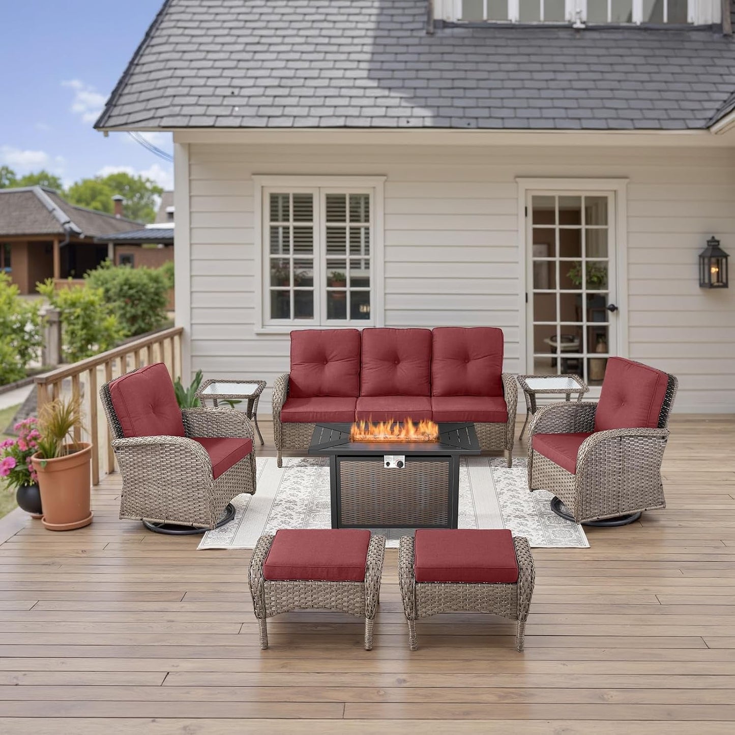 8 Piece Patio Furniture Set with 50000 BTU Propane Fire Pit Table, Outdoor Conversation Set with 2 Swivel Rocker Chairs Wicker Sofa and Ottomans for Casual Gatherings Red Cushion-0