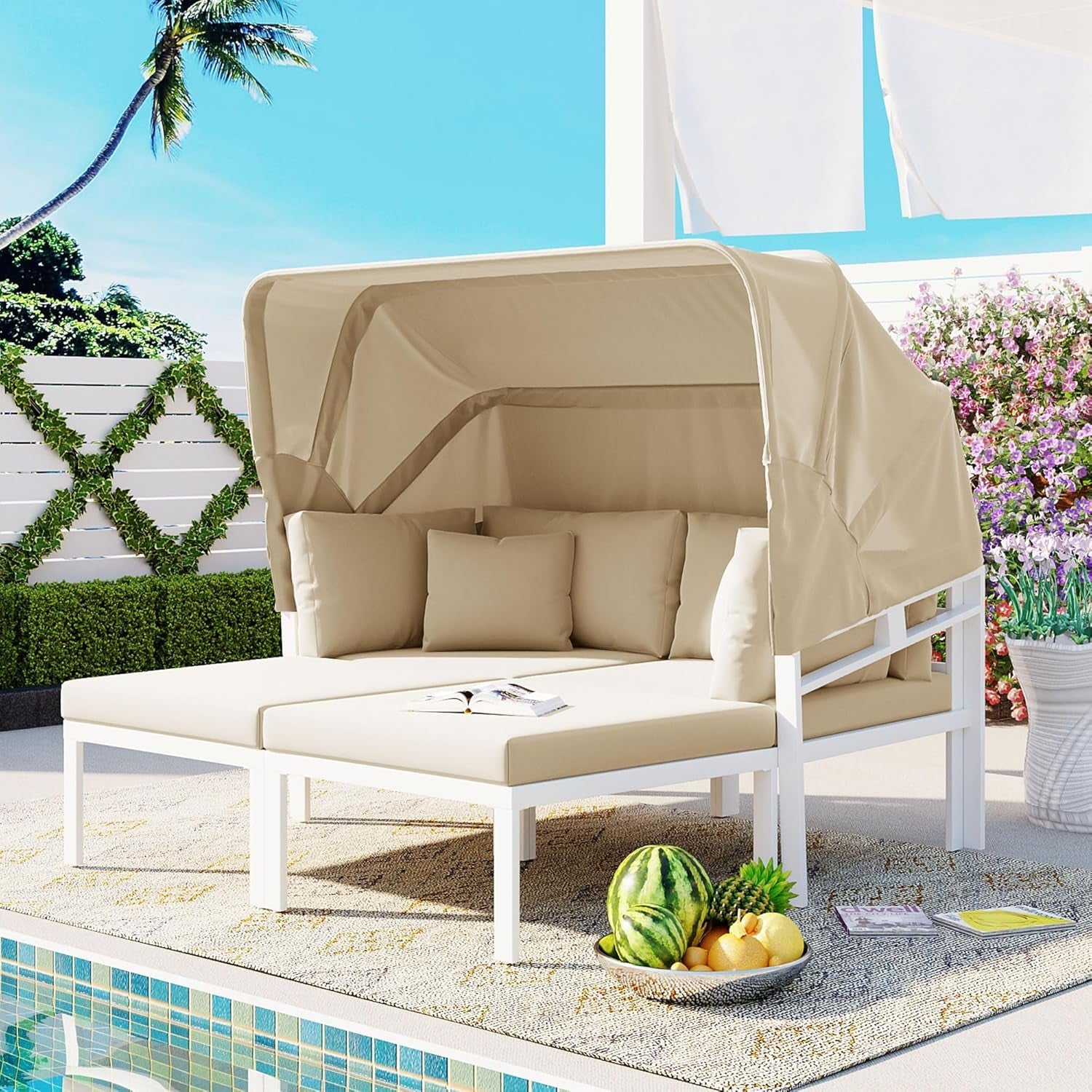 3-Piece Patio Daybed with Retractable Canopy and Cushions, Outdoor Metal Sectional Sofa Set Sun Lounger for Backyard, Porch, Poolside, Beige-0