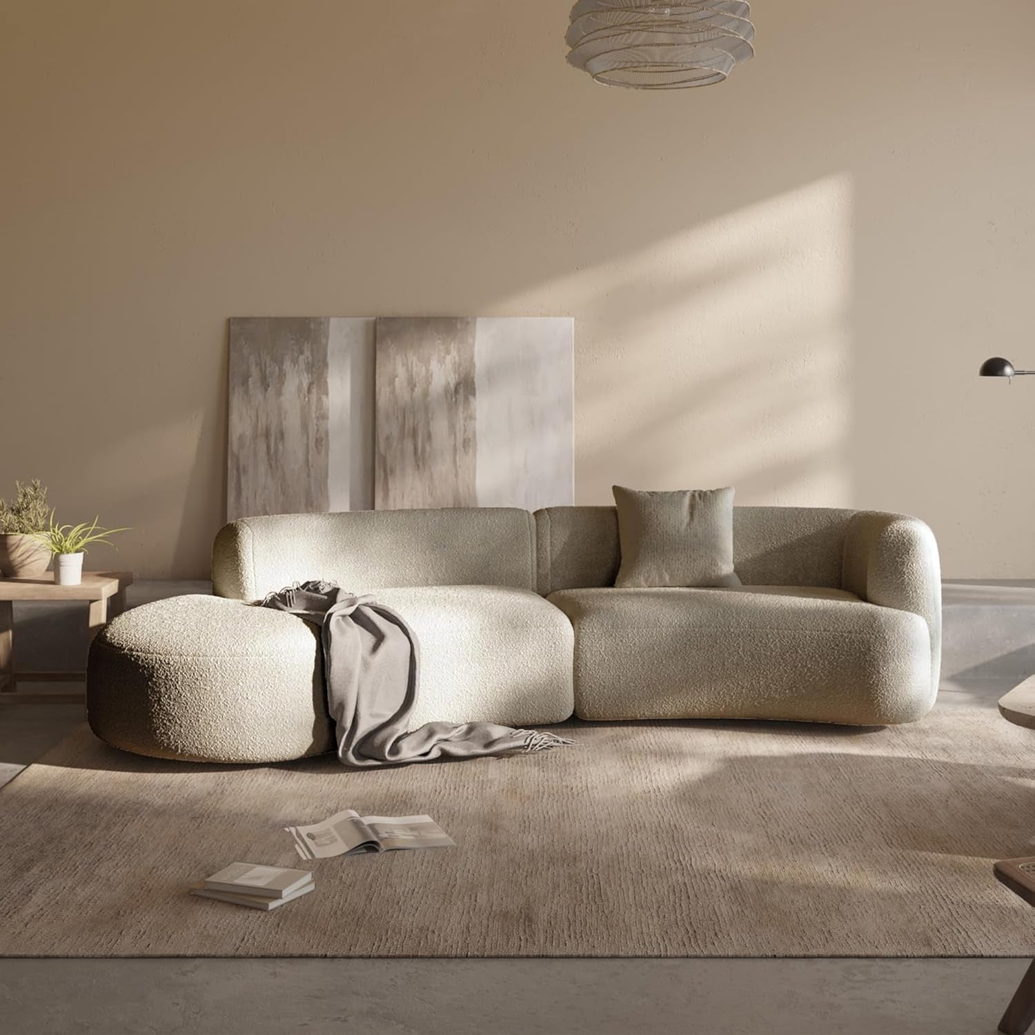 Modern Curved Sectional Living Room Couch, Minimalist Comfy Boucle Fabric Modular Sofa for Apartment, Home Office, Left Hand Facing, Light Coffee-0