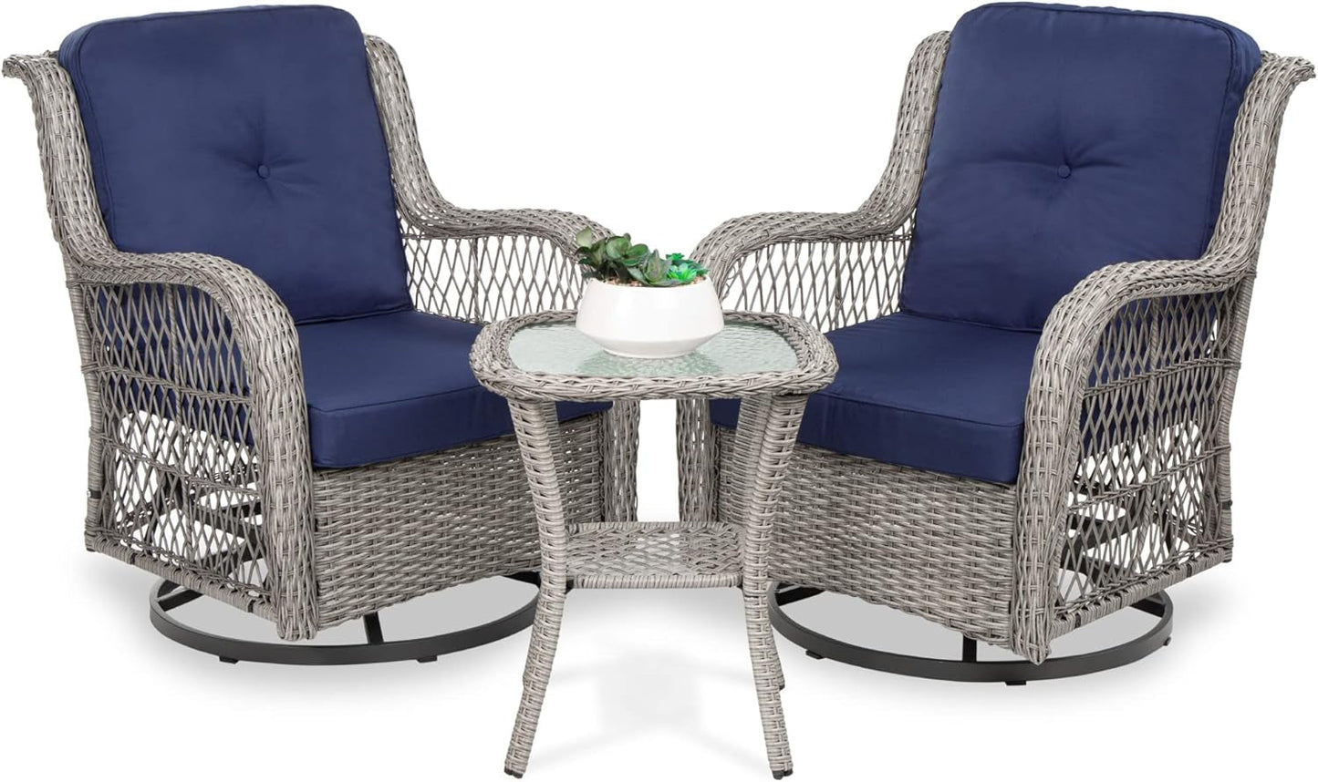 3-Piece Outdoor Wicker Patio Bistro Set W/ 2 360-Degree Swivel Rocking Chairs and Tempered Glass Top Side Table - Navy-0