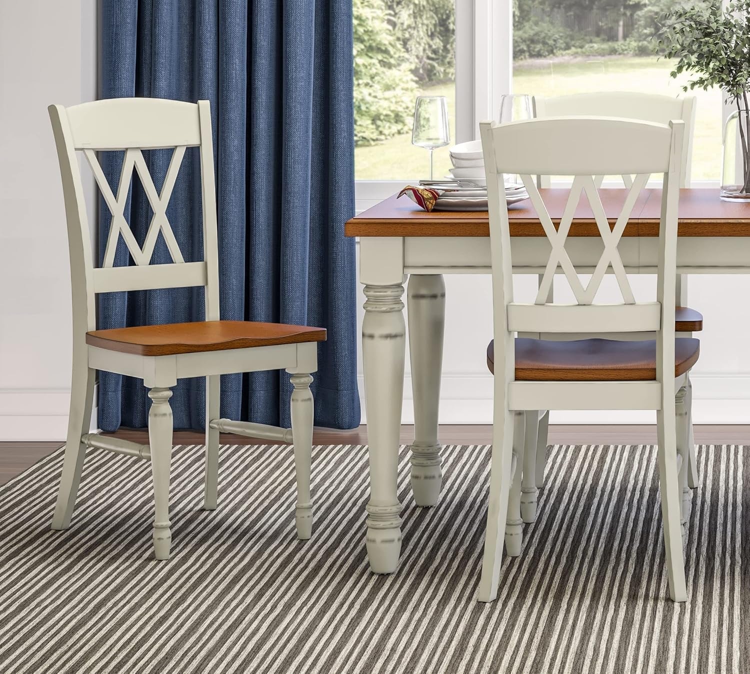Home Styles Monarch Double X-Back White and Oak Dining Chairs, with Solid Hardwood Construction, Turned Legs, and Distressed Oak Finish, Set of Two-3