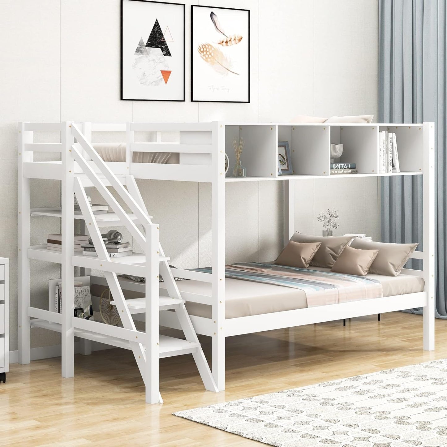 Twin Size Bed Frame for Bedroom Twin over Full Bunk Bed with Staircase and Built-In Storage Cabinets No Box Spring Needed White 96" L X 57.2" W X 62.2" H-2