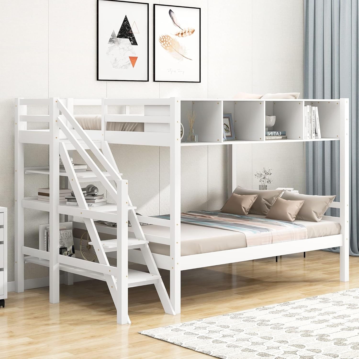 Twin Size Bed Frame for Bedroom Twin over Full Bunk Bed with Staircase and Built-In Storage Cabinets No Box Spring Needed White 96" L X 57.2" W X 62.2" H-2