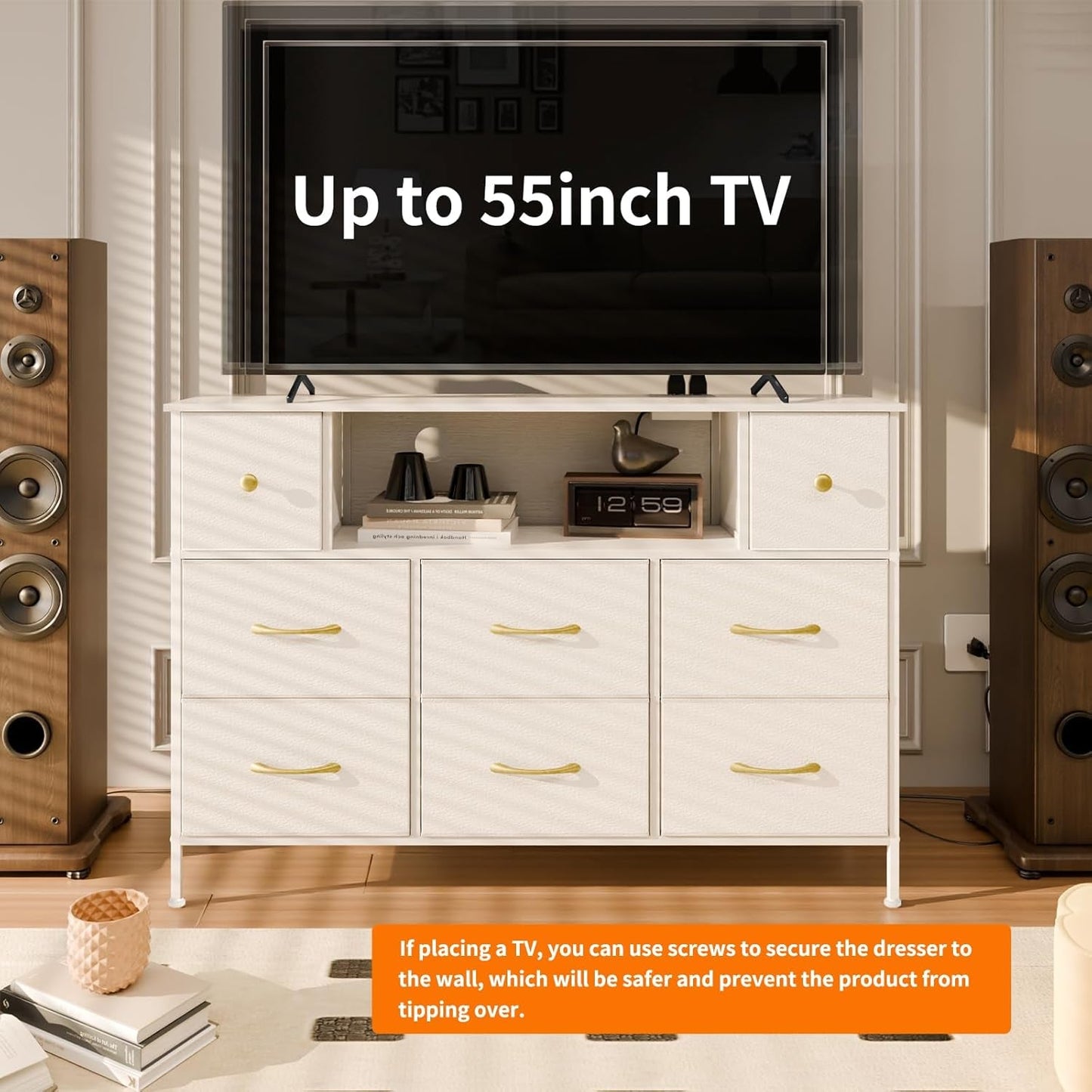 Dresser for Bedroom with Power Outlets and LED Lights, White 55" TV Stand with 8 Drawers, Fabric Chest of Drawers with PU Finish for Living Room, Entryway-3