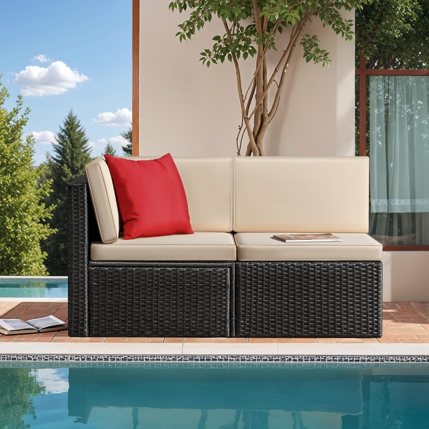 Wicker Rattan 2-Piece Patio Conversation Set Beige-3