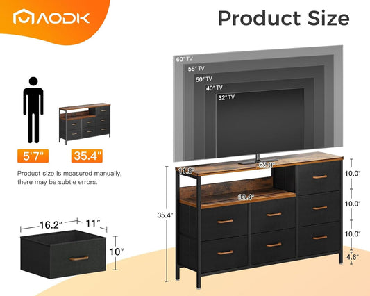 Dresser with LED Lights and Charging Station, 52-Inch Long Dresser for Bedoom with 7 Large Storage Drawers, Fabric Dresser TV Stand with Open Shelves, Vintage-1