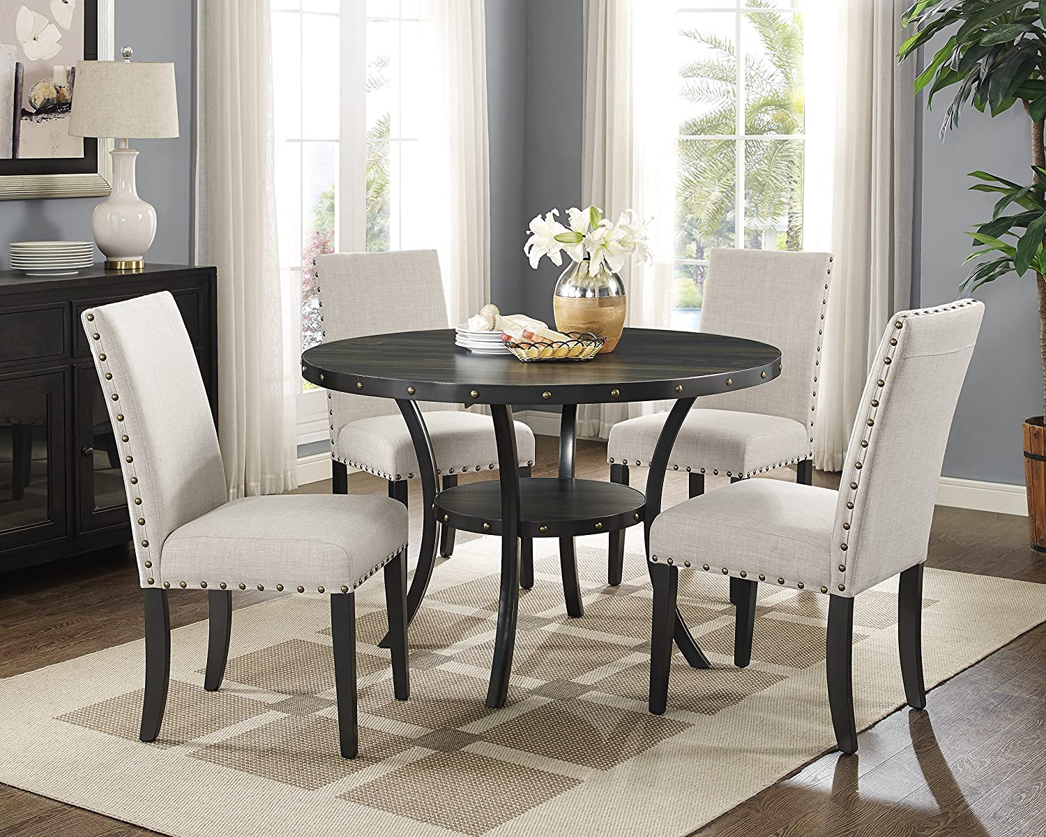 Tan Fabric Nailhead Dining Set with Espresso Wood-0