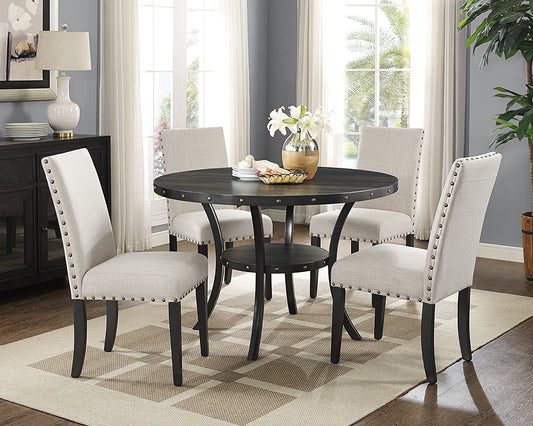 Tan Fabric Nailhead Dining Set with Espresso Wood-0