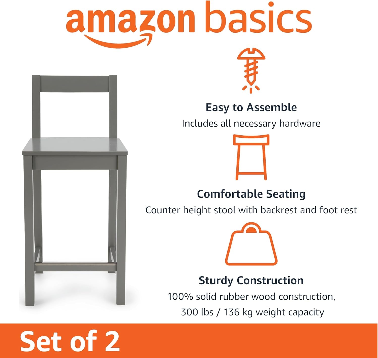 Wooden Bar Stool with Backrest, Grey, Set of 2-2