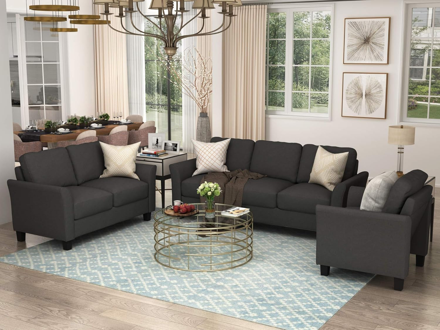 3 Piece Comfy Living Room Sofa Sets,Modern Polyester-Blend Upholstered 80" W Three Seater Sofa & 55.3" W Loveseat Couch and 32.7" W Singel Armchair for Bedroom, Small Space, Apartment, Office-4