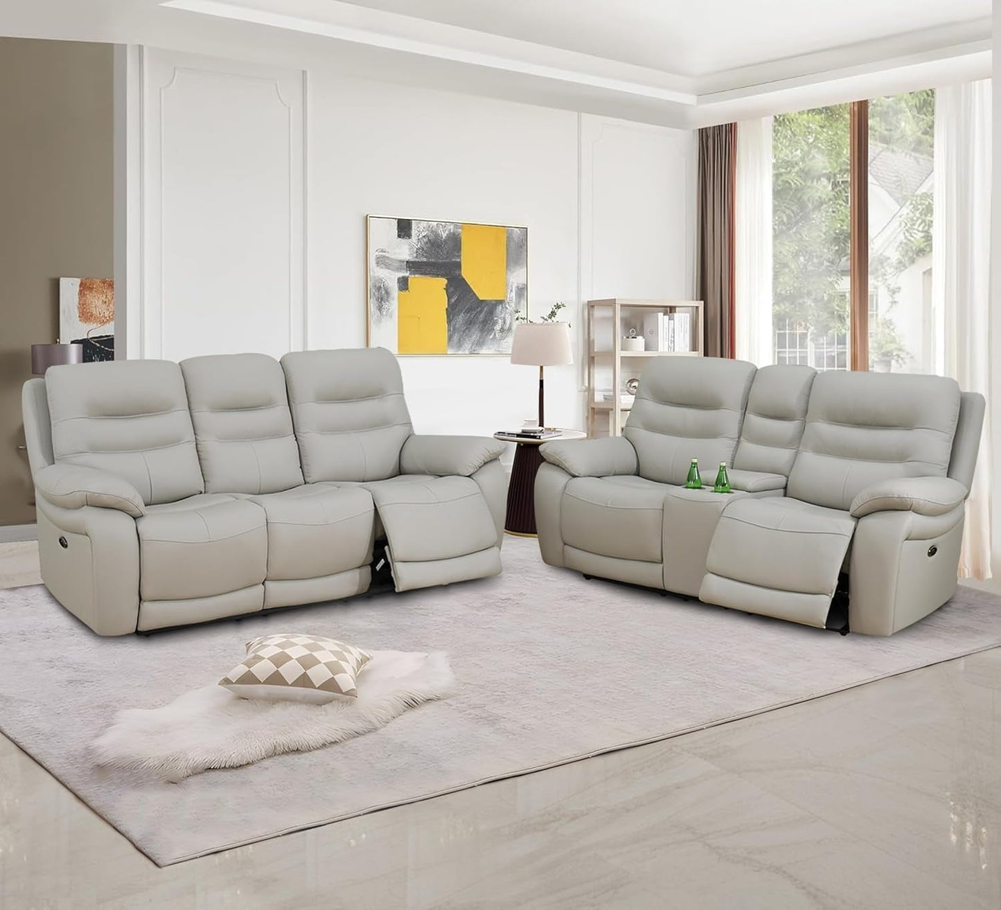 Genuine Leather Recliner Couch Set, Living Room Furiture Set,Power Reclining Sofa Set, Top Grain Leather Sofa with Built in USB Port for Living Room(Light Grey) (Sofa+Loveseat)-0