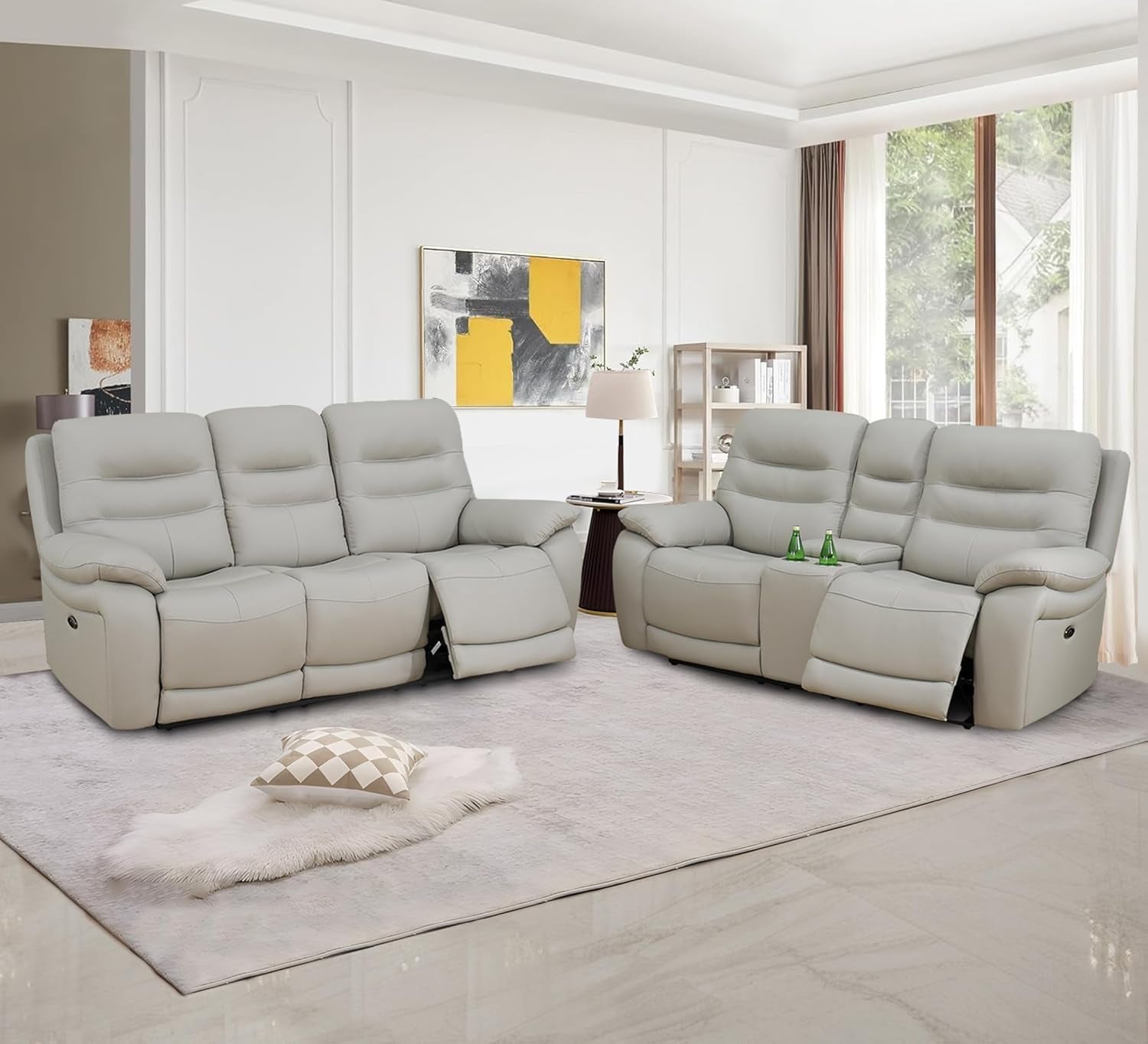 Genuine Leather Recliner Couch Set, Living Room Furiture Set,Power Reclining Sofa Set, Top Grain Leather Sofa with Built in USB Port for Living Room(Light Grey) (Sofa+Loveseat)-0