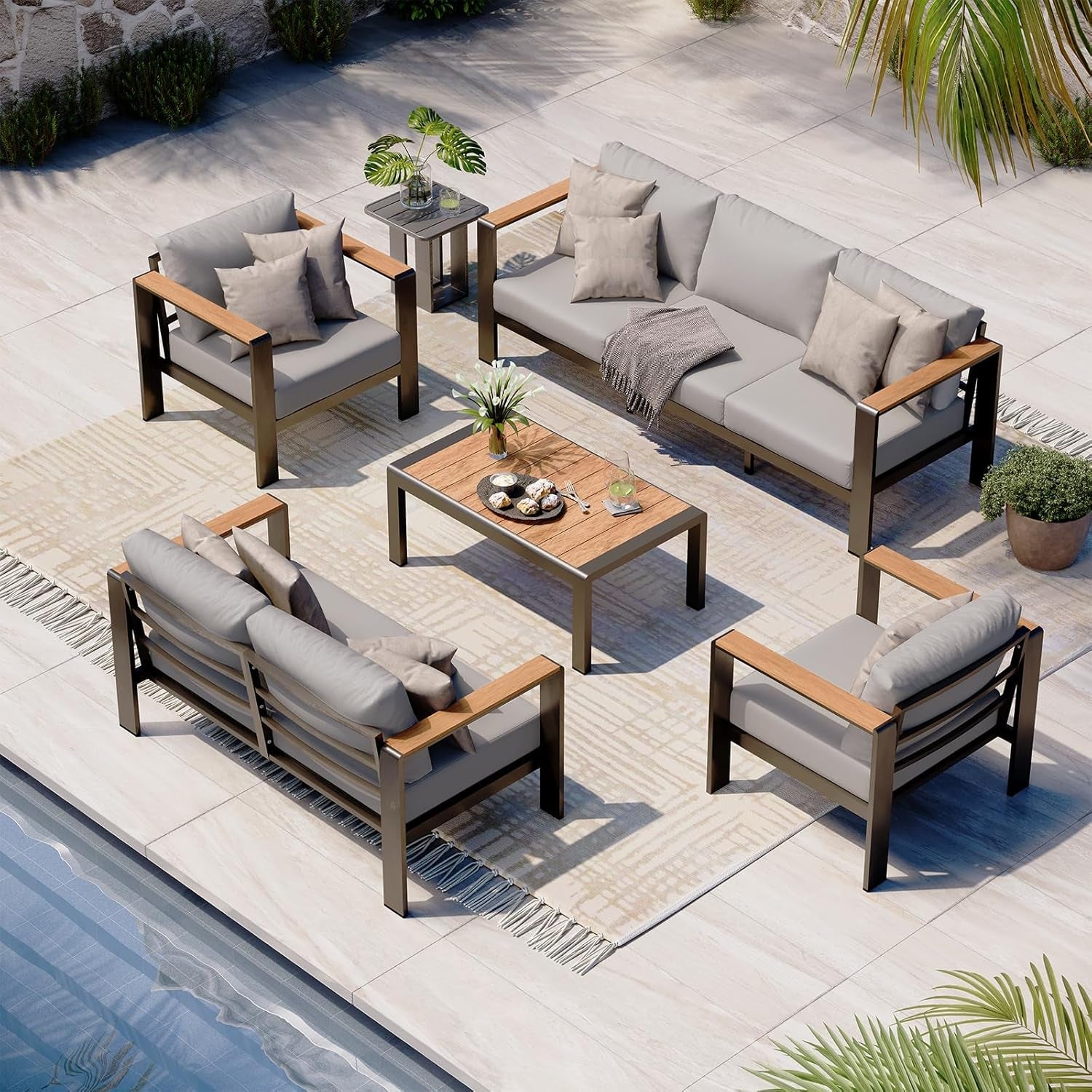 Aluminum Outdoor Patio Furniture Set with Coffee Table, 5 Piece Patio Conversation Sets with Washable Thick Cushions, Patio Sectional Furniture Set for Porch, Balcony, Garden, Gray-0