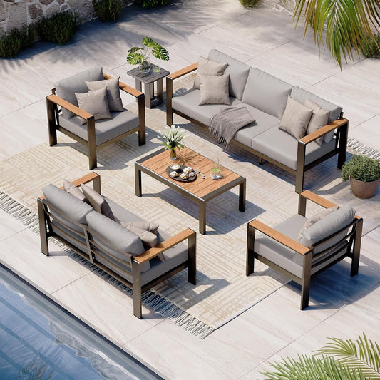 Aluminum Outdoor Patio Furniture Set with Coffee Table, 5 Piece Patio Conversation Sets with Washable Thick Cushions, Patio Sectional Furniture Set for Porch, Balcony, Garden, Gray-0