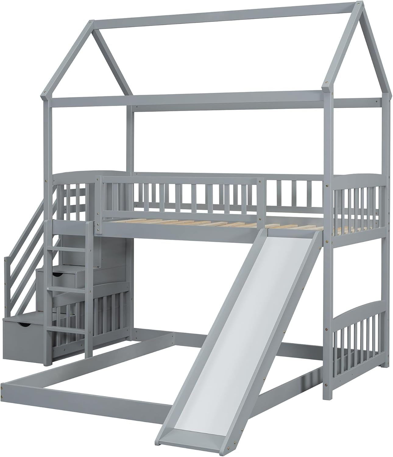 House Loft Bunk Bed Frames with Slide, Stairs and Storage Drawers No Box Spring Needed, Gray, Twin over Twin with Bottom Beds-3