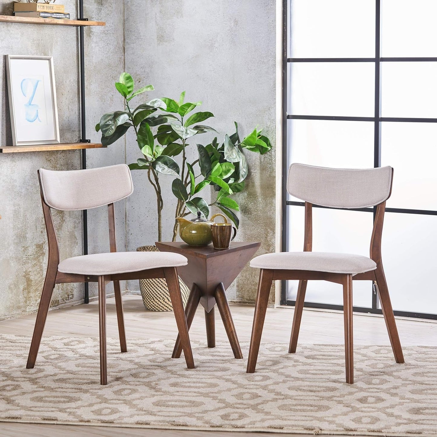 Mid-Century Walnut Finished Frame Dining Chairs (Set of 2) (Light Beige)-1
