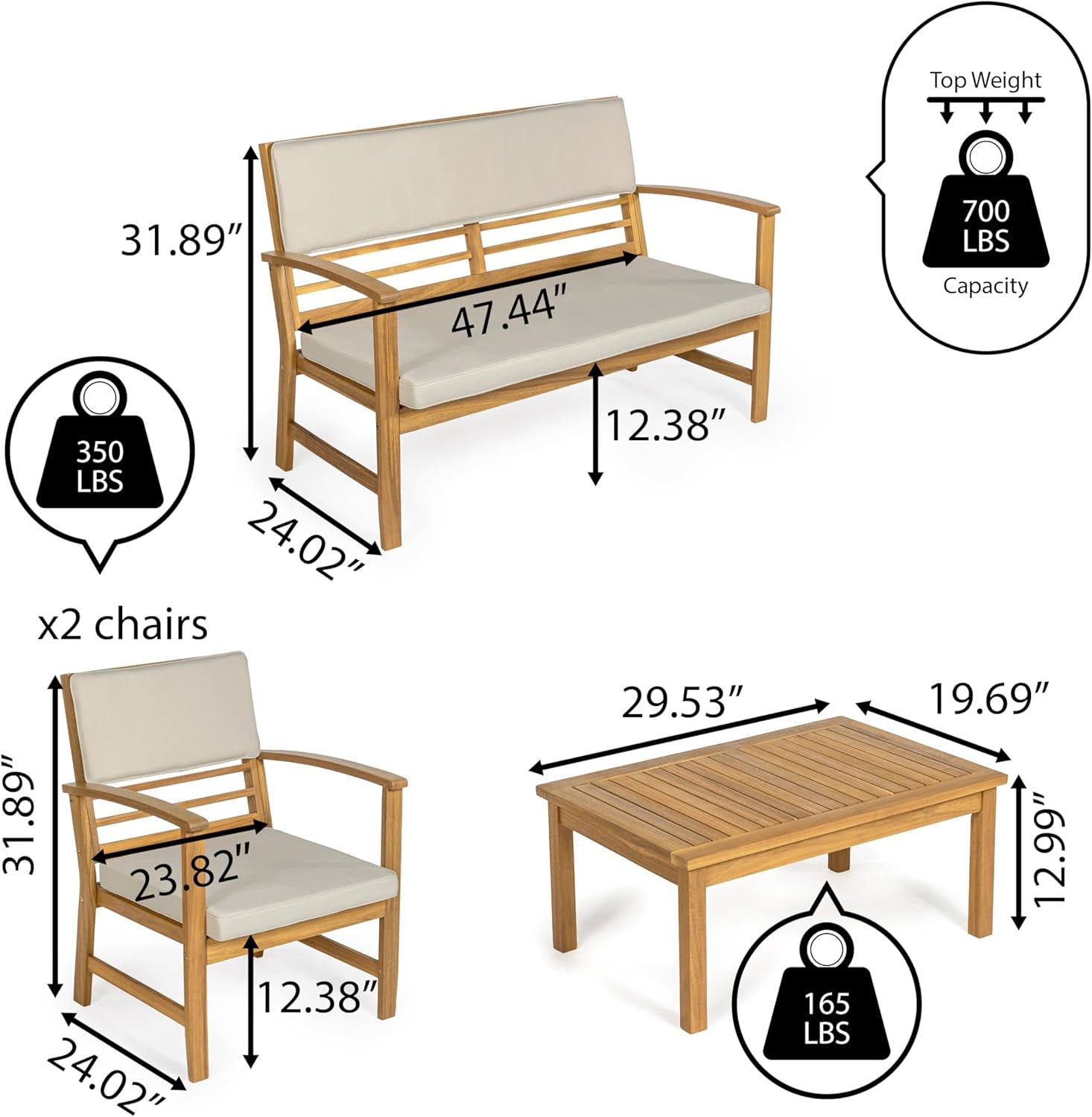 LVG1000A-4SET Barclay 4-Piece Modern Coastal Acacia Wood Conversation Outdoor Patio Set with Cushions Transitional, Classic, Traditional, Vintage, Mid-Century, Light Gray/Teak Brown-3