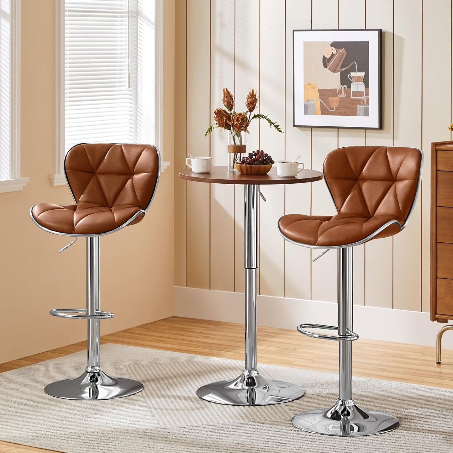 Bar Stools Set of 2, PU Leather Swivel Bar Stools with Shell Back, Armless Counter Height Adjustable Bar Chairs for Home Kitchen, Retro Brown-3