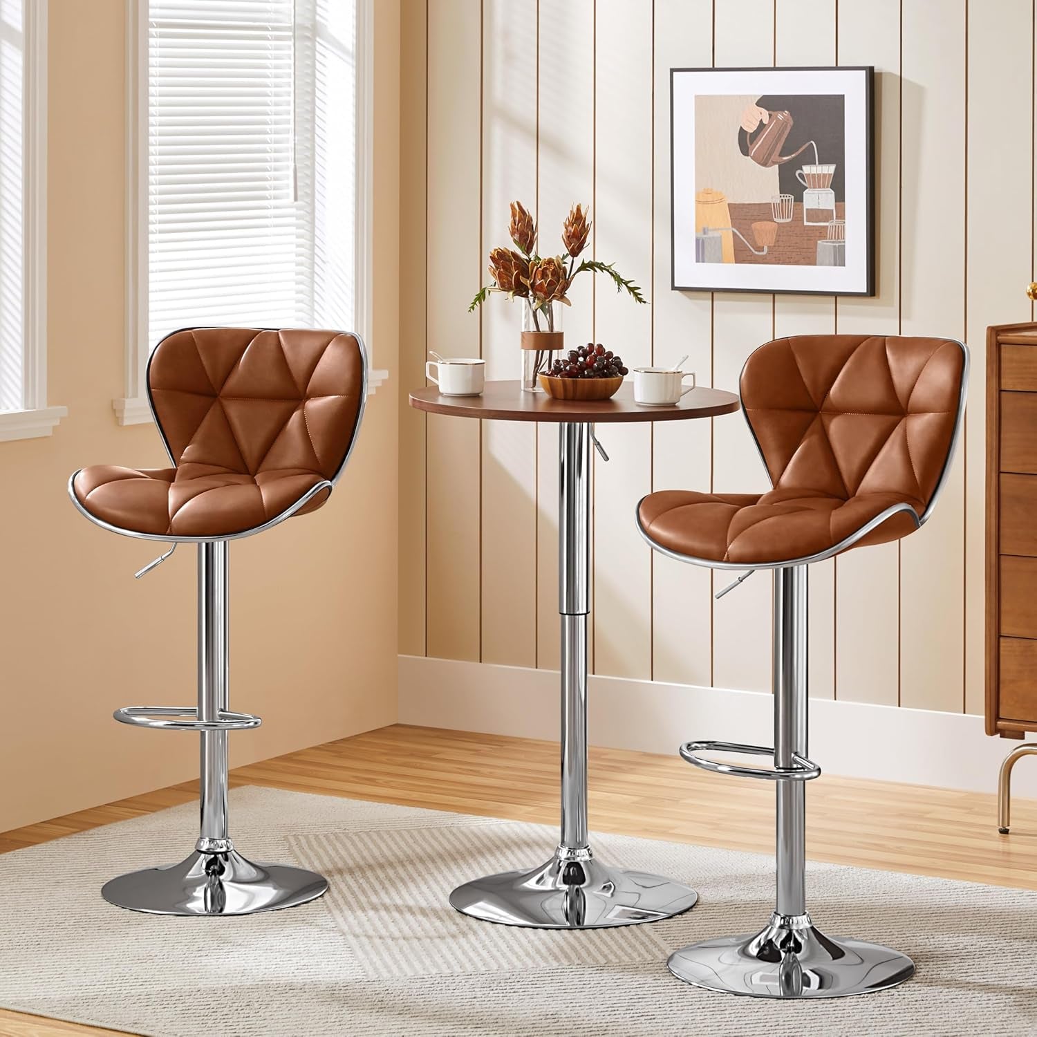 Bar Stools Set of 2, PU Leather Swivel Bar Stools with Shell Back, Armless Counter Height Adjustable Bar Chairs for Home Kitchen, Retro Brown-3