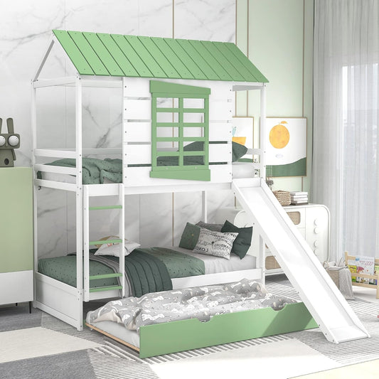 House Bunk Bed with Convertible Slide and Trundle, Solid Wood Bunk Bed Twin over Twin, for Kids Girls Boys (White+Green)-0