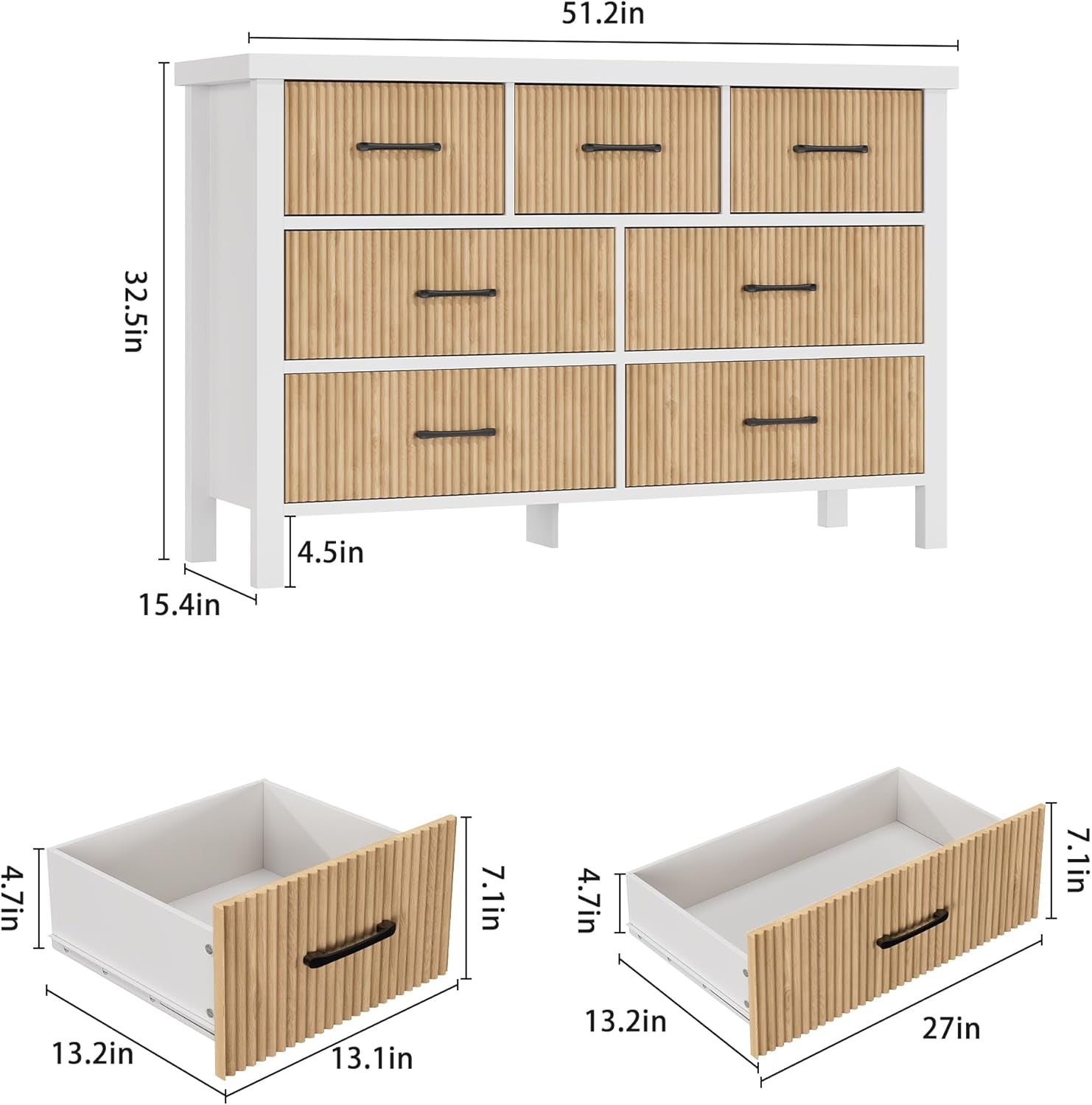 White 7 Drawer Fluted Dresser with Wood Legs-2