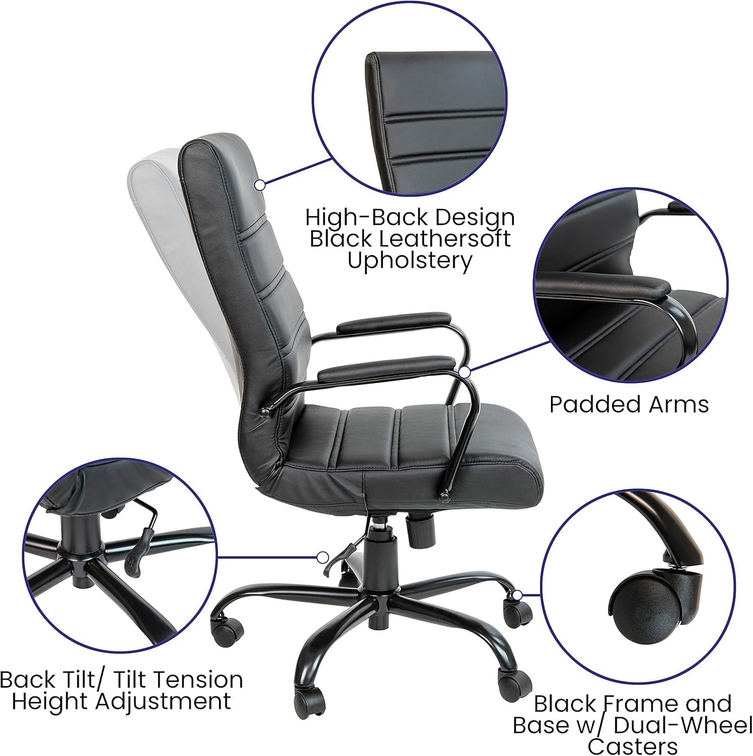 Whitney High-Back Swivel Leathersoft Desk Chair with Padded Seat and Armrests, Adjustable Height Padded Office Chair, Black-3