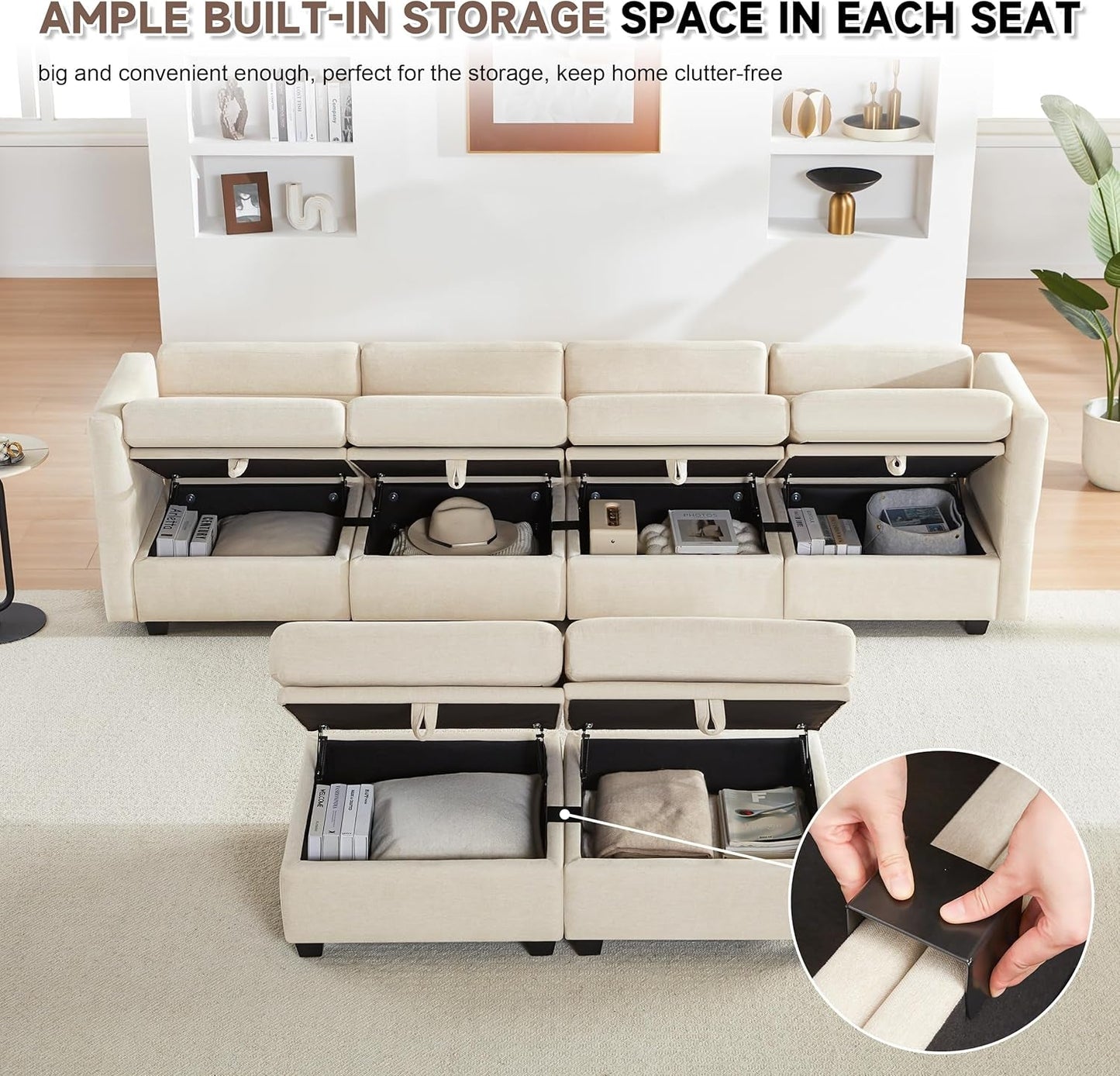 Modular Sectional Sofa with Storage, U Shaped Sectional Couch for Living Room, Convertible Modular Sofa Couch with Ottomans, High Supportive & Soft Sponge, 6 Seat, Beige-3