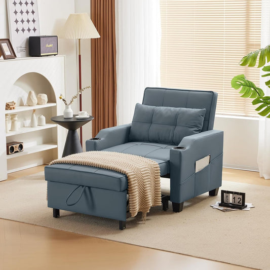 Sofa Bed Chair Recliner, 3-In-1 Convertible Sleeper Sofa Chair Bed Blue Gray Daybed Pull Out Couch Bed with Adjustable Backrest, USB Ports, Cup Holders for Small Spaces Living Room-0